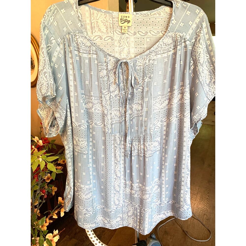 COMO Vintage Top Soft Blue Paisley Rayon/Poly Plus Size 3X